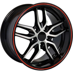Corvette C7 Stingray - 18 inch - 10.50 - Gloss Black with Machined Spoke Faces and Red Outer Lip Stripe